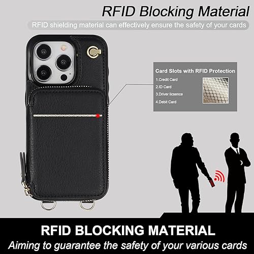 Miniatura 4 de Bocasal Funda tipo cartera cruzada para iPhone 15 Pro, funda de piel con bloqueo RFID y soporte para tarjetas, funda protectora con cremallera y