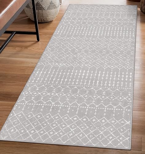 Beeiva Alfombra marroquí lavable para pasillos, alfombras de pasillo de 2 x 6 con parte trasera de goma, alfombra de pasillo suave gris
