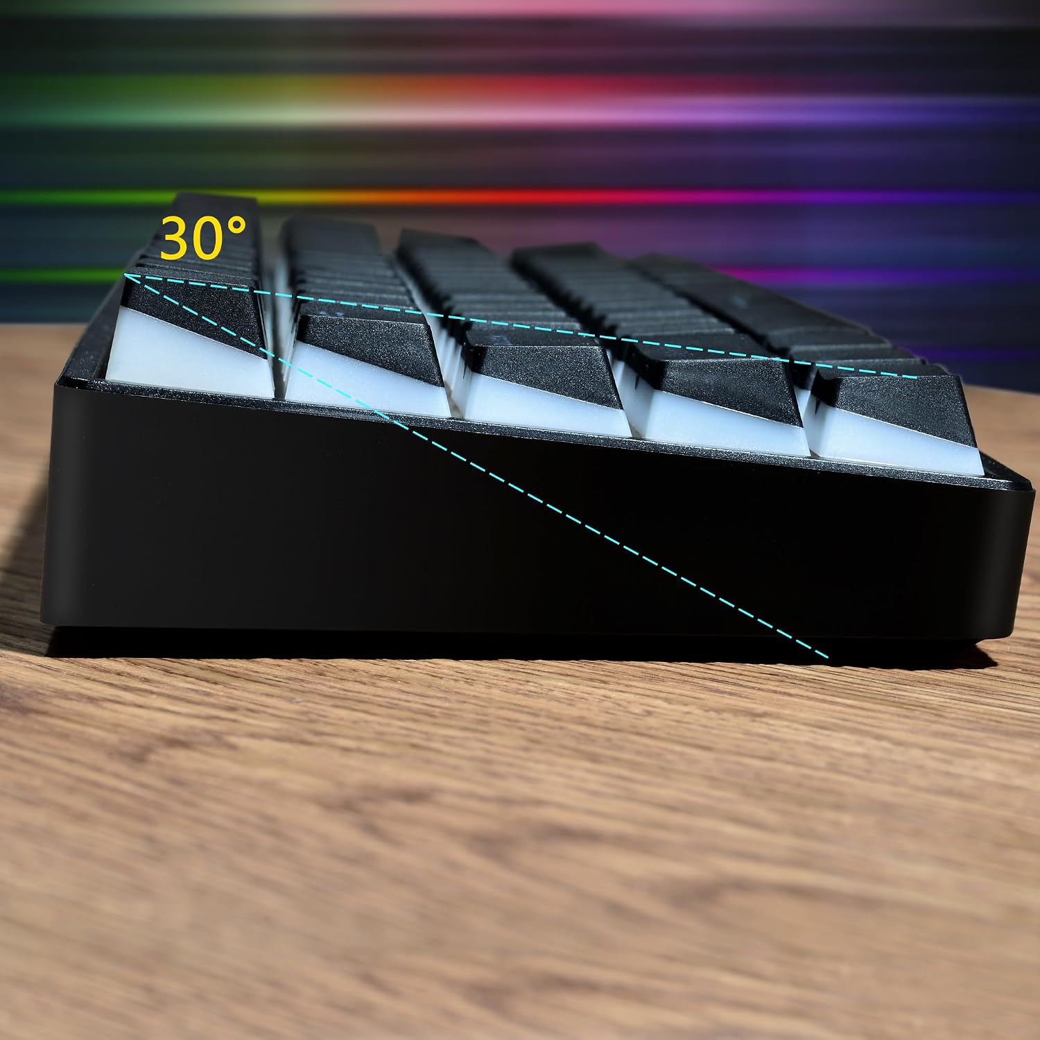 Side view of the OUPARY 61-Key Mechanical Keyboard showing a 30-degree ergonomic angle