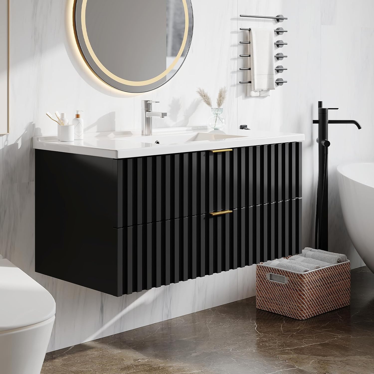 ModernMate Bathroom Vanity with Sink, Wall Mounted Fluted Cabinet with 2 Golden Metal Handle Drawers, Modern Floating Bathroom Cabinet with Ceramic Integrated Basin (Black, 24")