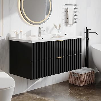 ModernMate Bathroom Vanity with Sink Combo, Wall Mounted Black Fluted Cabinet with 2 Golden Metal Handle Drawers, Modern Floating Bathroom Cabinet with Ceramic Integrated Sink 36", Black