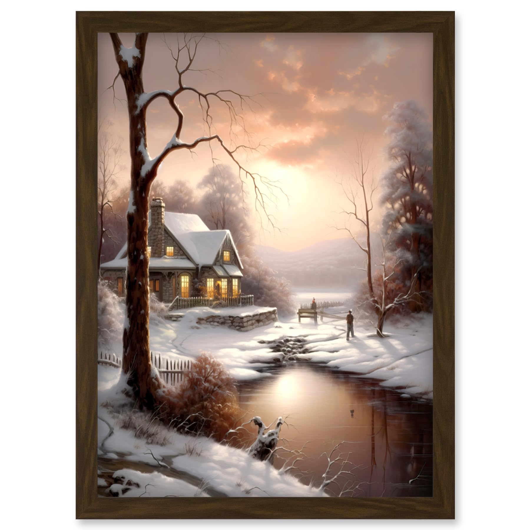 Artery8 Winter Cottage Landscape Oil Painting Snow Lake Sunset Snowy Trees Artwork Framed Wall Art Print A4