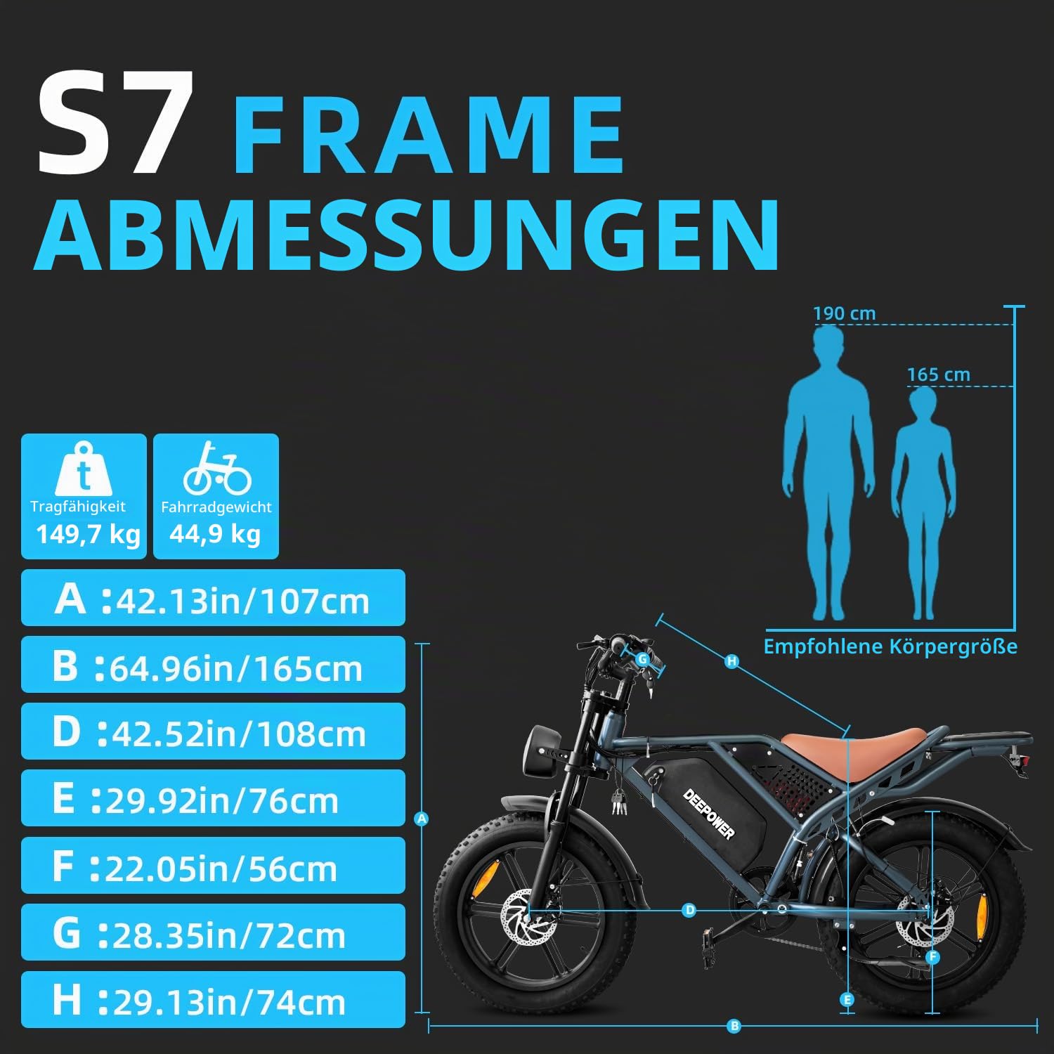 DEEPOWER Elektrisches Fahrrad, abnehmbarer Akku 48 V 20 Ah/35 Ah/60 Ah, Autonomie 110 – 250 km, maximale Geschwindigkeit 25 km/h, Elektrofahrrad mit breiten Reifen 20 Zoll × 4,0, 7 Gänge, Mountainbike
