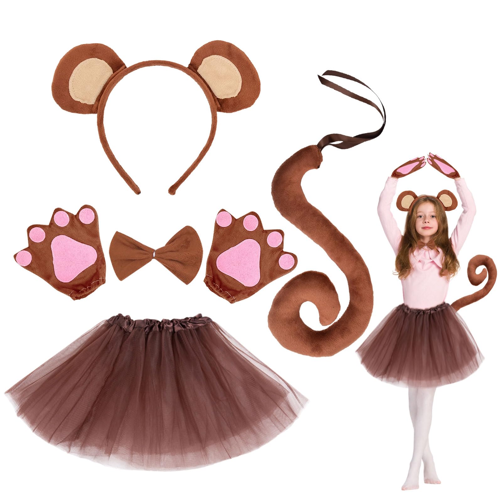 EUPSIIU 5 Pieces Monkey Fancy Costume Set - Ears Headband, Long Tail, Bow Tie, Paw Gloves, Princess Tutu - Animal Cosplay for Girls Kids Halloween Dress Up