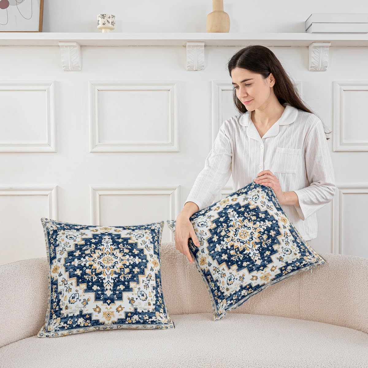 Pack of 2 Boho Style Throw Pillow Covers 24x24, Ethnic Design Gold Blue Pillow Covers, Farmhouse Bohemian Vintage Exotic Cushion Covers, Antique Damask Inspired Egyptian Decorative Pillow Covers