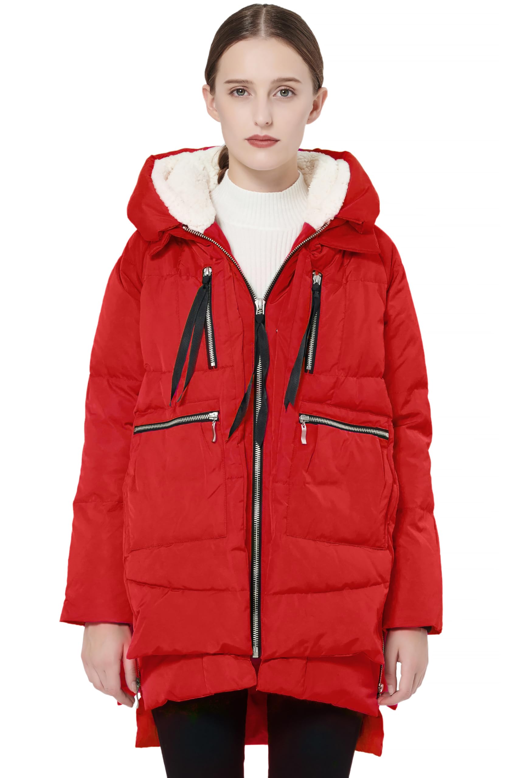 Orolay Women's Thickened Down Jacket Hooded Long Puffer Coat for Winter Red M