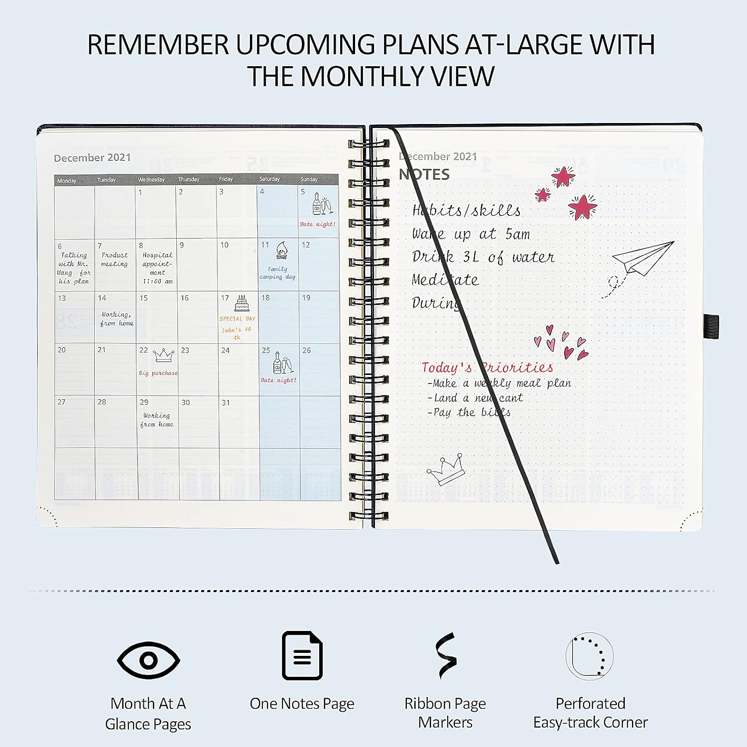 Academic Planner 2021-2022 with Hourly Schedule & Vertical Weekly Layout - Agenda August 2021 - August 2022 with Monthly Calendar, Note & Contact Pages, Hardcover, 6.5" x 8.5", Black