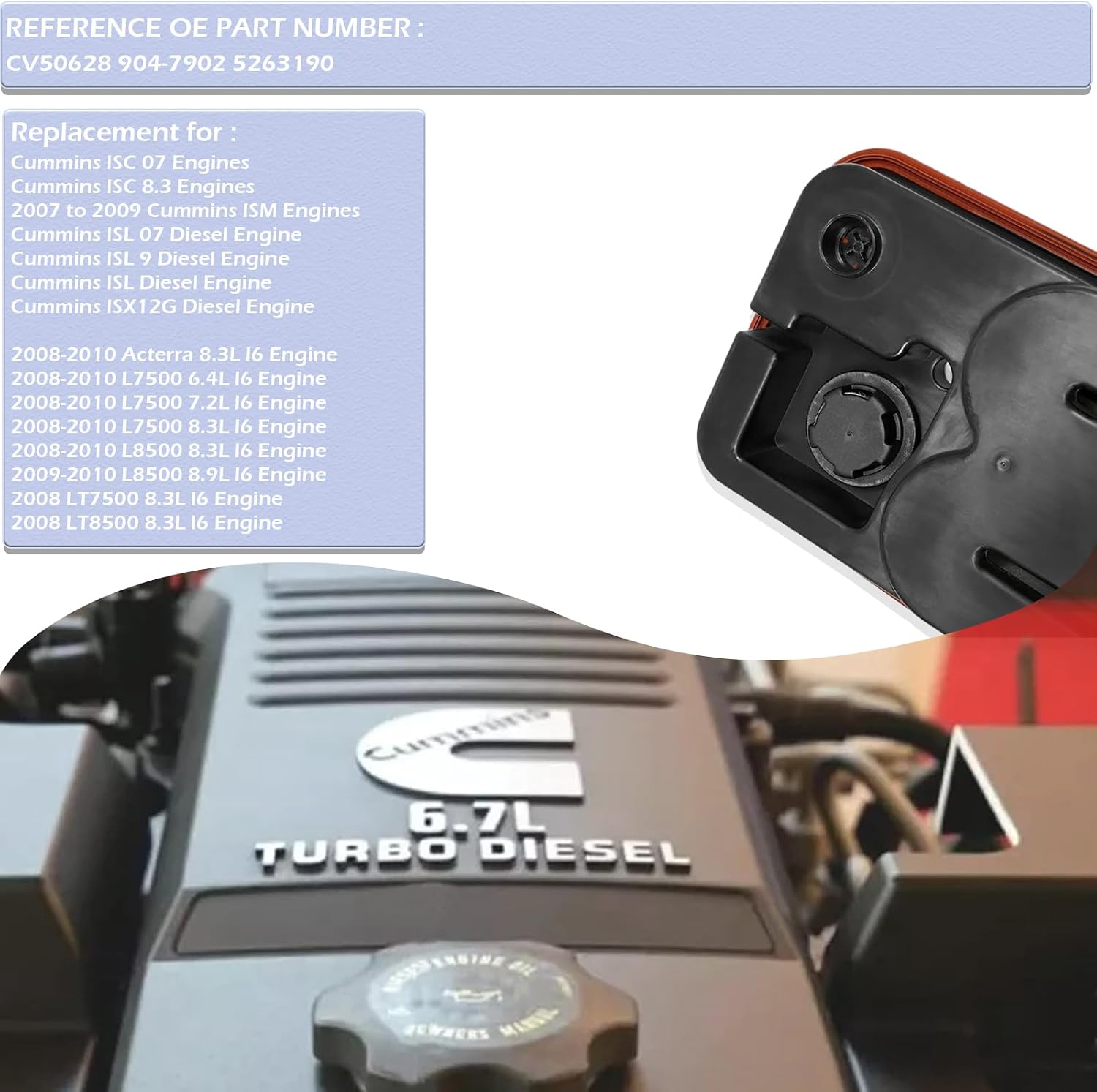 Engine Crankcase Ventilation Filter Breather Element CCV DIESEL for Fleetguard Cummins ISC ISL ISM ISX12G for Acterra L7500 L8500 LT7500 LT8500 6.4L 7.2L 8.3L 8.9L 08-10 OE# CV50628 9047902 5263190
