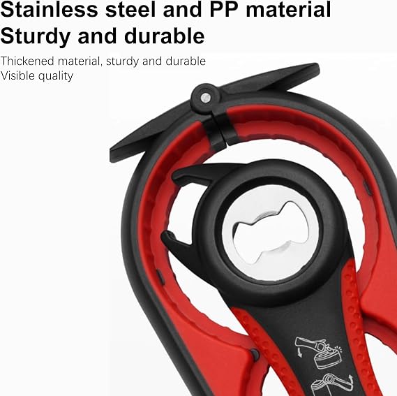 Jar Opener,Bottle Opener, Ring Pull Can Opener Set, 5 in 1 Multifunctional Bottle Opener, Stainless Steel Metal for Weak Hands, Elderly and Arthritis (Black + Red).