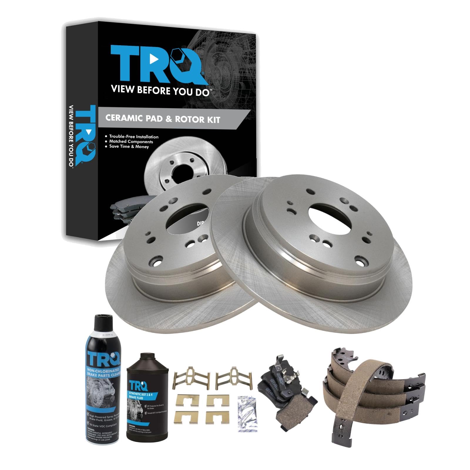 TRQ Rear Brake Pad &amp; Rotor Kit, with Chemical Kit Parking Brake Shoe Set Ceramic Compatible with 2010-2018 Acura RDX 2007-2016 Honda CR-V
