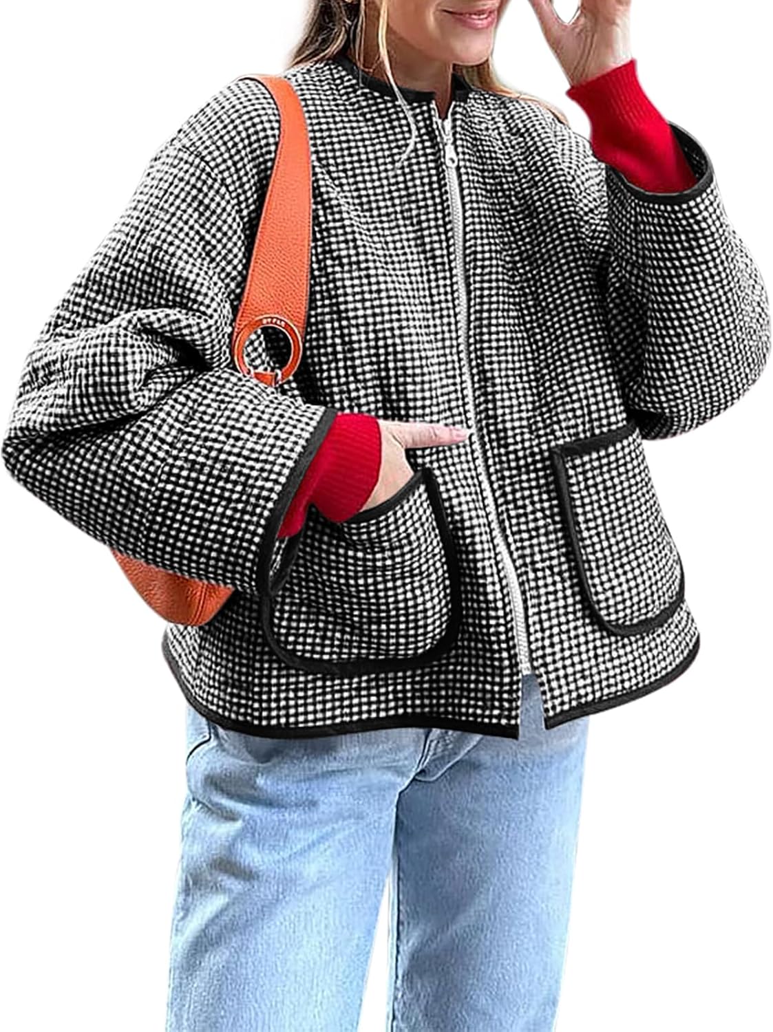 Yousify Womens Jackets Fall Fashion 2025 Crew Neck Quilted Plaid Jacket Full Zipper Coats S-2XL