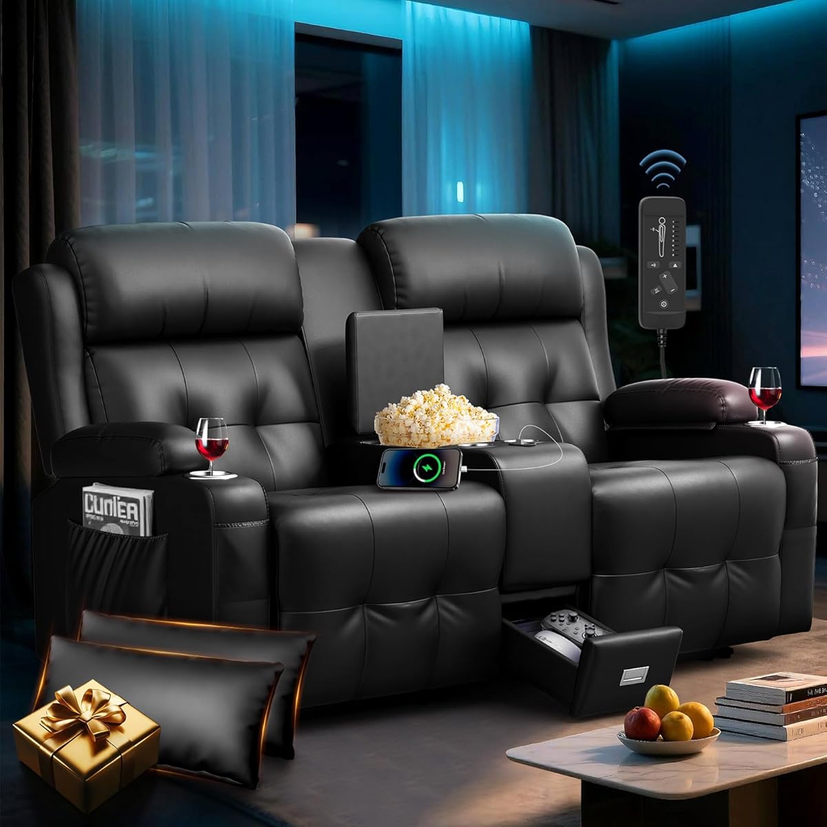 Loveseat Recliner Sofa, Home Theater Seating Massage Reclining Couch with USB, Center Console, Wall Hugger RV Recliners, 145° Adjustable Recline & Cup Holders & Side Pockets,for RV & Movie Room