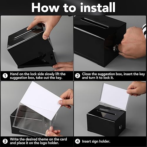 Vista 4 de VOISEN Caja de donación acrílica con cerradura, tarro de punta negra con soporte para letreros, caja de sugerencias para recaudación de fondos