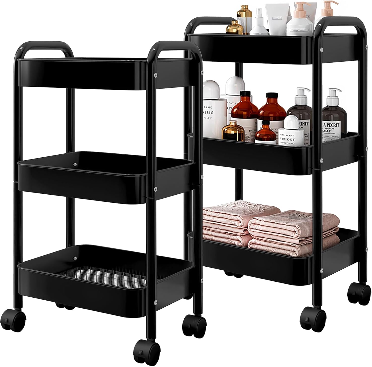 3 Tier Metal Rolling Cart, Heavy Duty Utility Storage Organizer with Lockable Wheels, Mobile Utility Cart for Livingroom, Bathroom, Kitchen, & Narrow Places, White