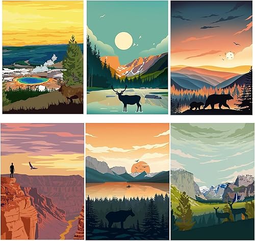 6 paquetes de pintura por números para adultos principiantes, kits de pintura por números de parques nacionales sobre lienzo sin marco, Yellowstone