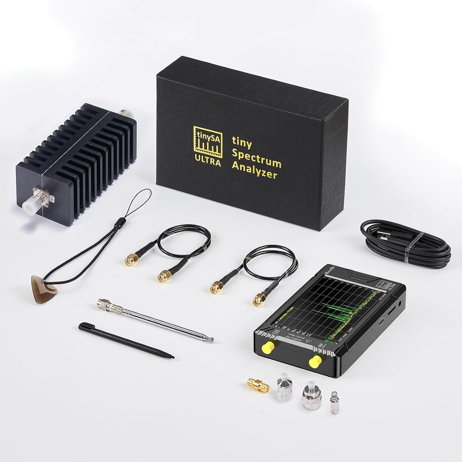 SeeSii TinySA Ultra Spektrumanalysator mit 50W Dämpfungsglied, 4,0 Zoll Frequenzanalysator 100 kHz- 5,3G Hz, 2-in-1 Signalgenerator 100 kHz - 800 MHz MF/VHF/HF UHF Eingang mit 32 GB Speicherkarte