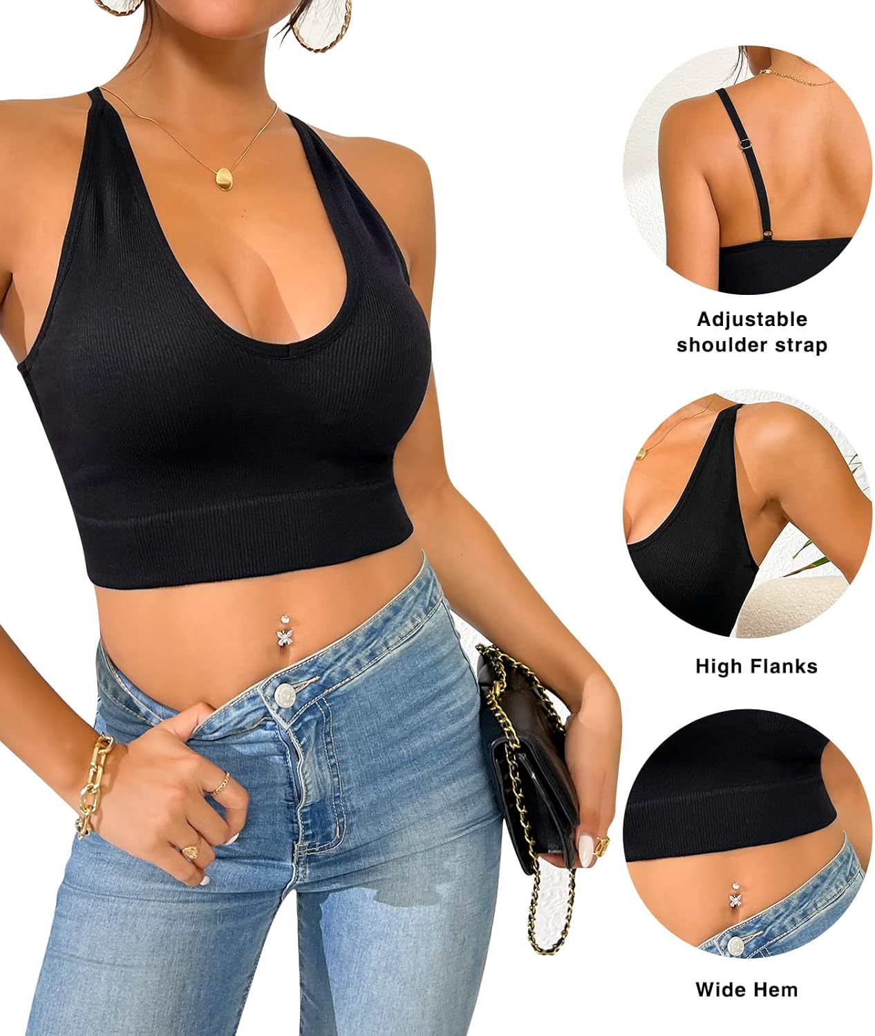 1-3 Pack V Neck Crop Tank Tops for Women Adjustable Spaghetti Strap Tank Tops Cropped Camisole Tops - Image 4
