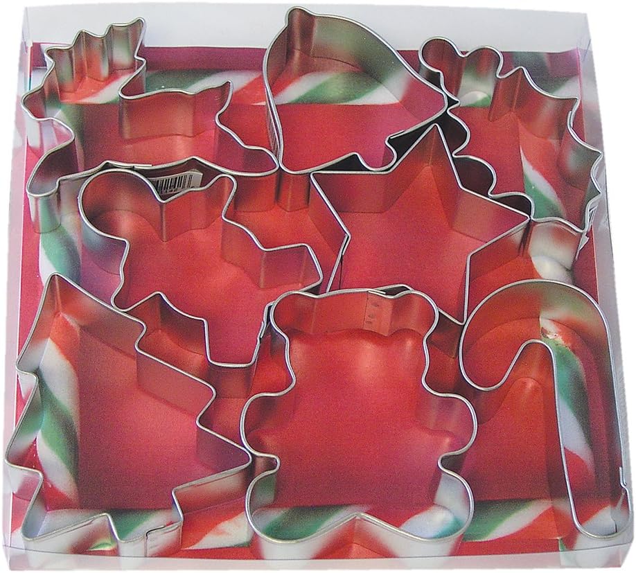 R&M International Christmas Cookie Cutters, Tree, Gingerbread Boy, Bell, Star, Candy Cane, Holly, Teddy Bear, Reindeer, 8-Piece Set