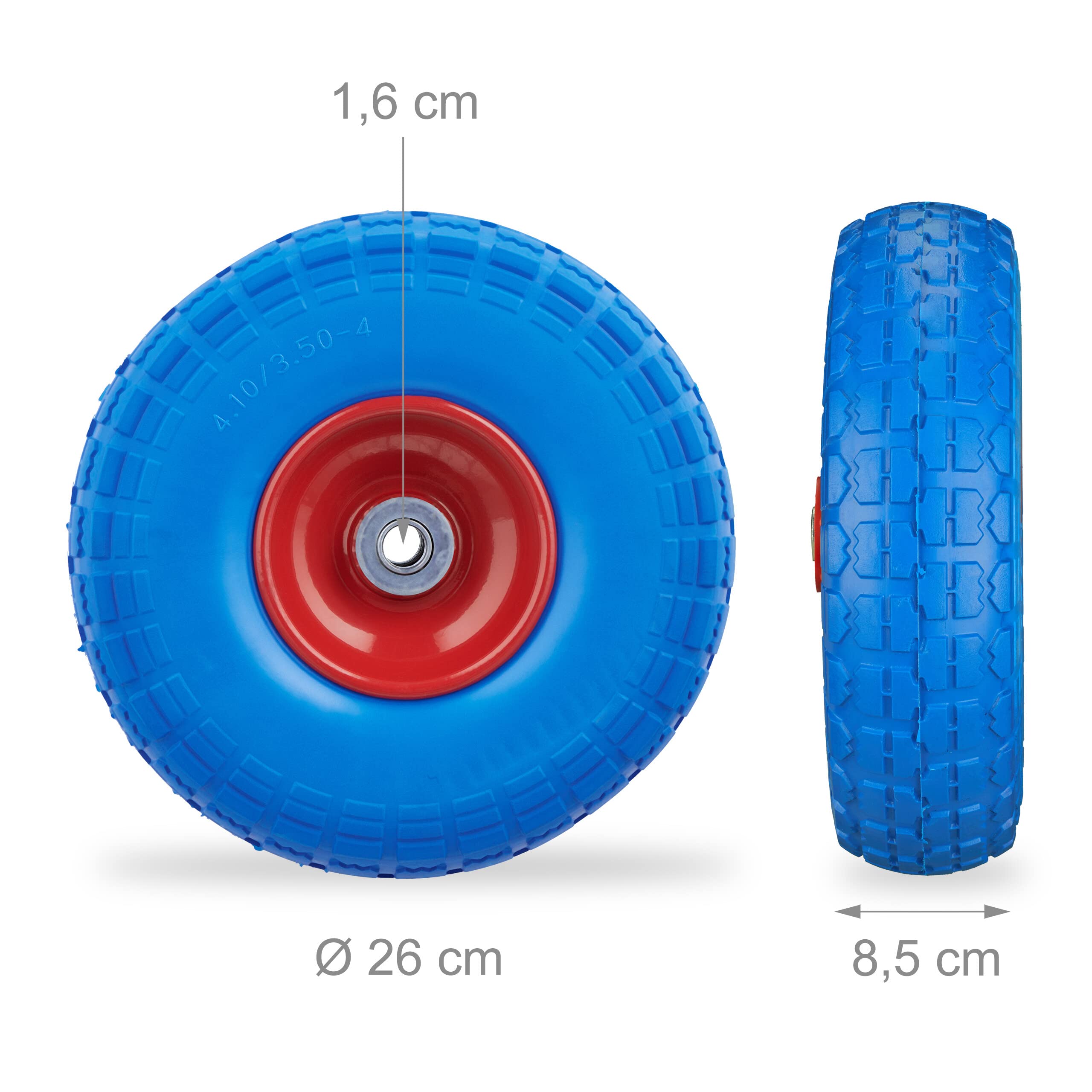 Relaxdays 2 x koło do wózka transportowego, odporne na przebicie, opony z pełnej gumy, 4,1/3,5-4", oś 16 mm, do 150 kg, 260 x 85 mm, niebiesko-czerwone