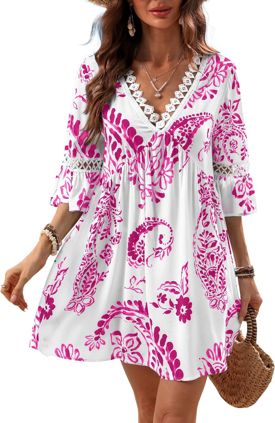 CUPSHE Women's Paisley Lace Trim V-Neck 3/4 Sleeve Cover Up Dress