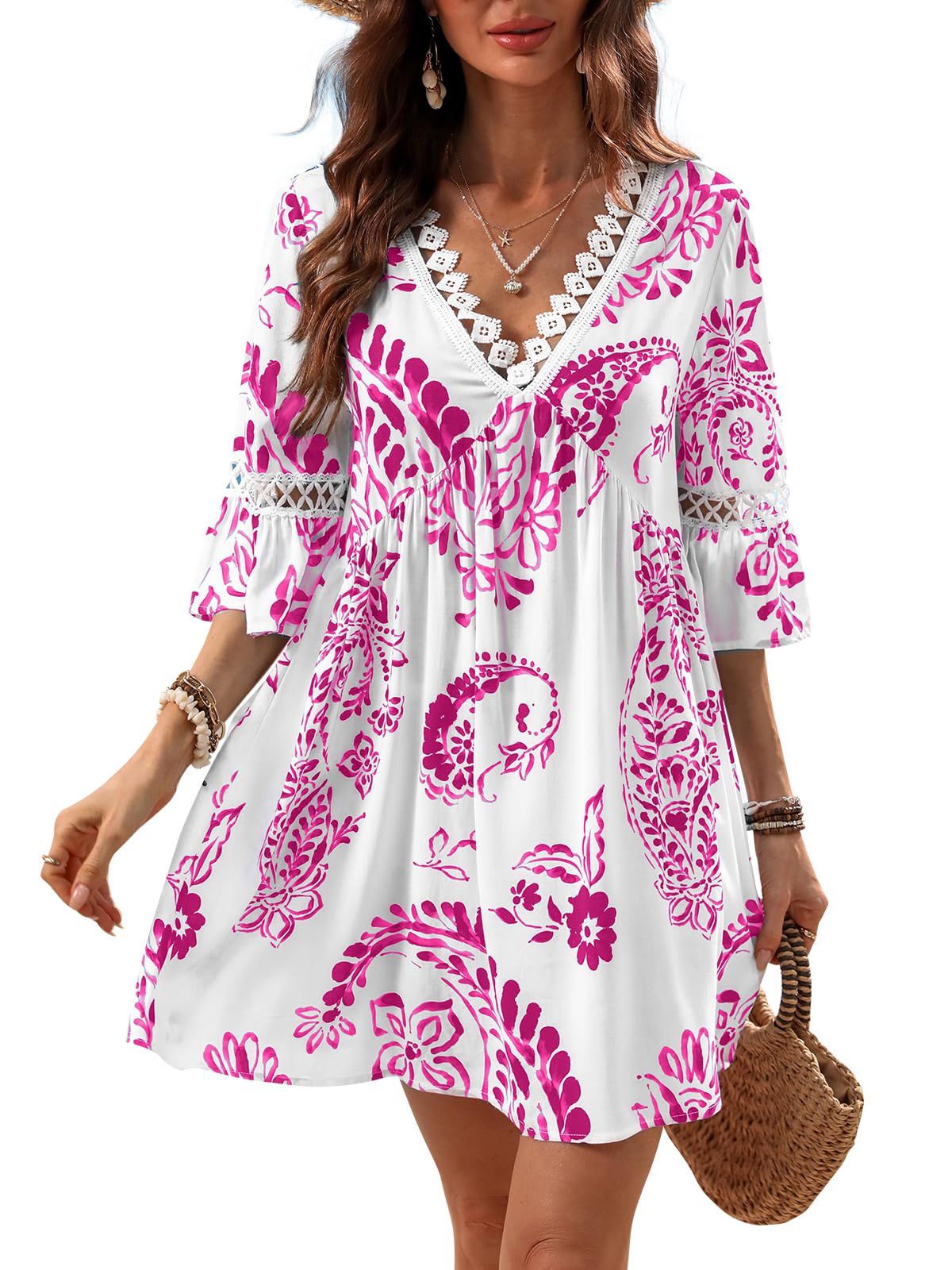 CUPSHE Women V Neck Lace Trim Mini Summer Dress Cover Up 3/4 Sleeve Ruffled Cuff Casual Sundress Beach Dresses Cover Ups