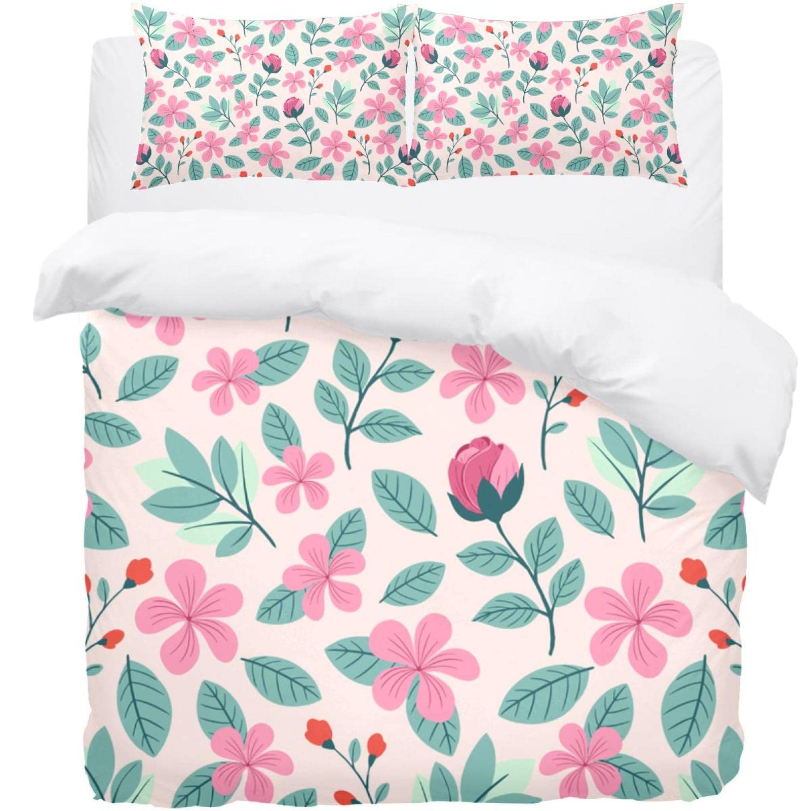 Housse de couette motif floral coloré et ses 2 taies d'oreiller pour grand lit
