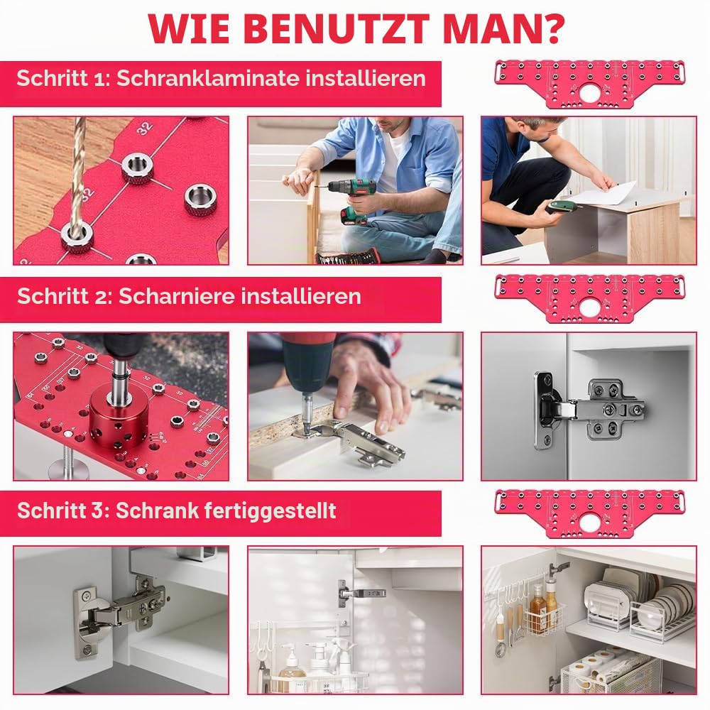 Lochreihen Bohrschablone, 2 in 1 Regalstiftvorrichtung und 35mm Scharniervorrichtung, Schablone Bohrführung mit 5mm 6.25mm Bohrlehre für Holzbearbeitung, DIY-Holzbearbeitungswerkzeug (Long)