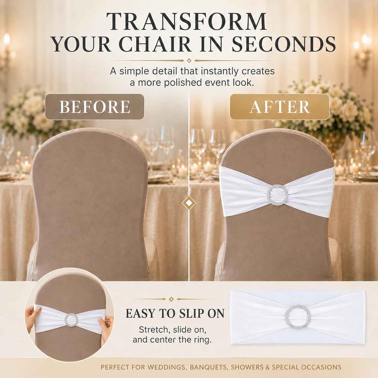 50Pcs White Chair Sashes, Spandex Wedding Chair Sashes, Universal Elastic Chairs Ties for Wedding Event Decorations
