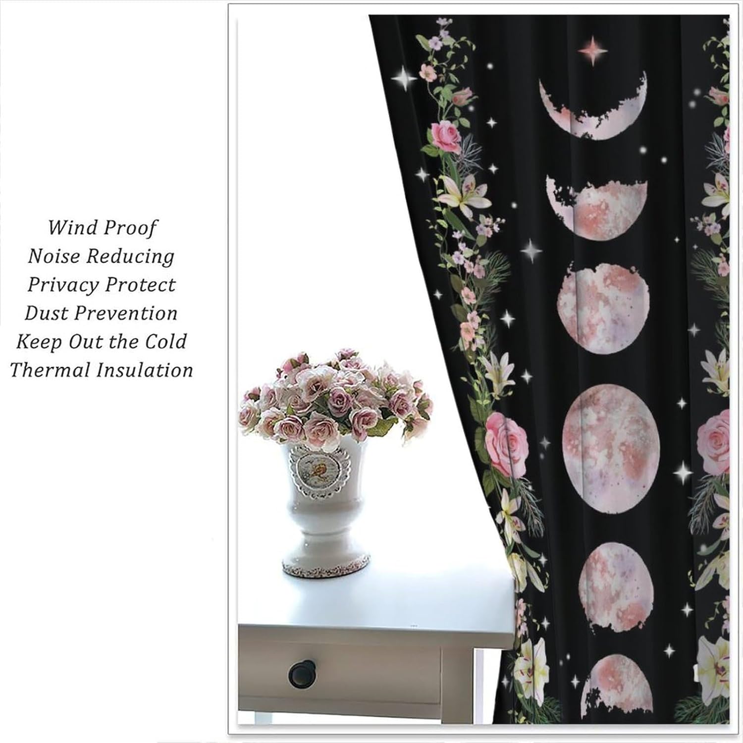 Boho Floral Moon Curtains Flower Wildflower Rod Pocket Pink Moon Phase Moonlit Garden Witchy Gothic Aesthetic Spring Nature Window Treatment Drapes Set for Bedroom Living Room Decor 42x45 Inch