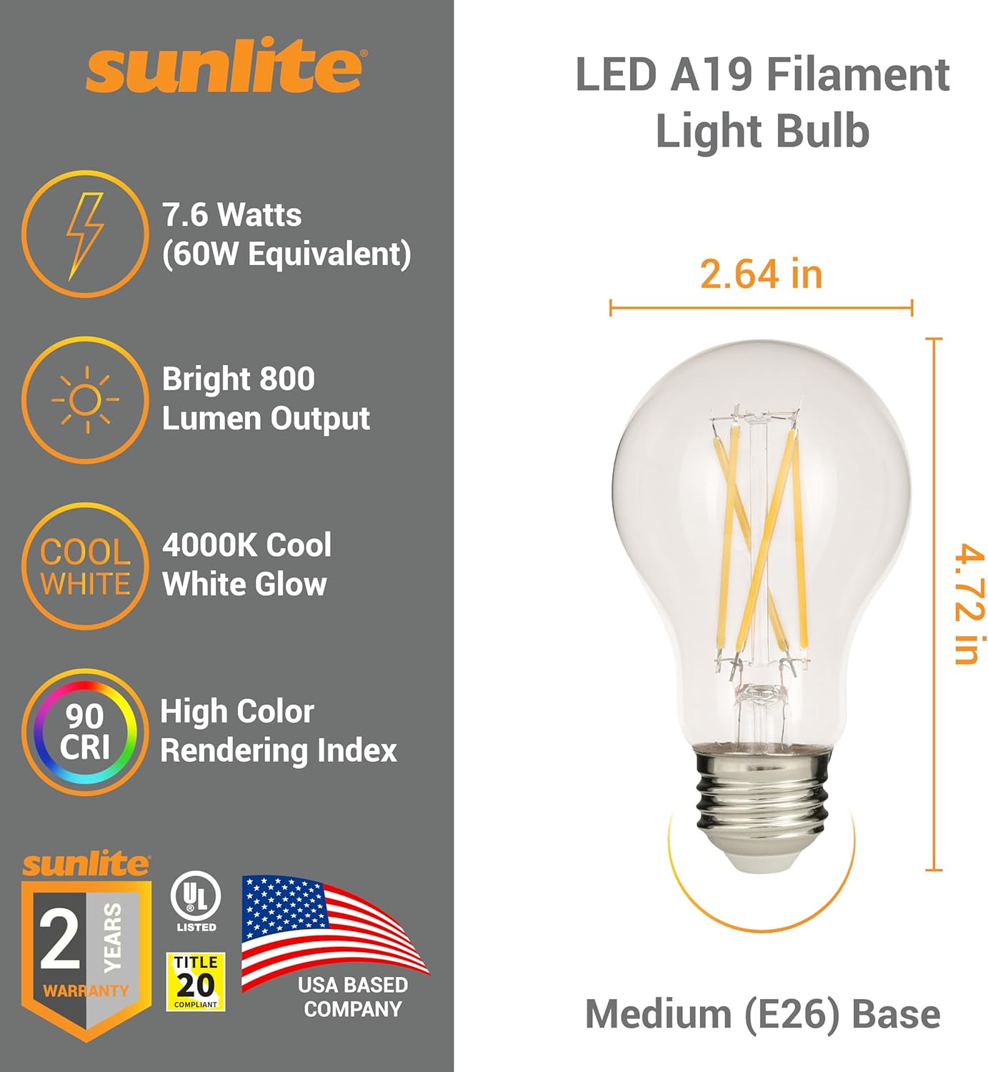Sunlite A19 Filament Light Bulb, 7.6W Energy Efficient (60W Equivalent), 120V, Clear, Medium E26 Base, Dimmable, 800 Lumens, Indoor, 90 CRI, 15000 Hour Lifespan, UL Listed, 4000K Cool White, 12 Pack
