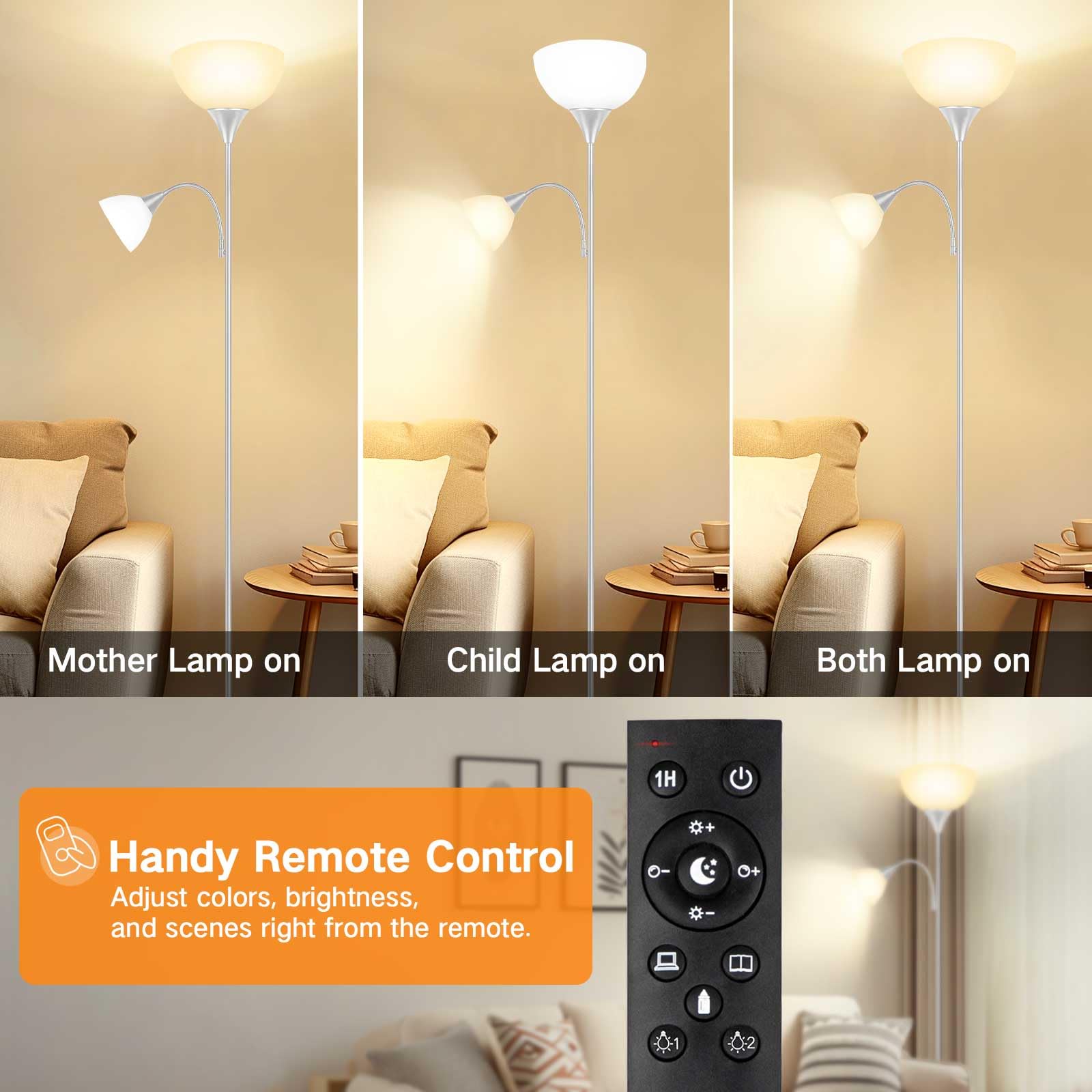 OUTON Lampara de Pie para Sala de Estar con Leselampe, Deckenfluter LED Dimmbar, 3 Farbtemperaturen, 1H Timer, con Fernbedienung y 9W Glühbirnen, para Wohnzimmer, Büro, Schlafzimmer, en Plata Gris