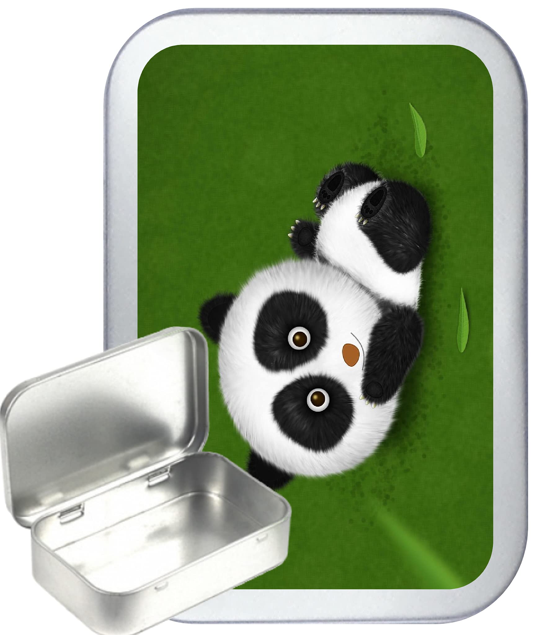 Teez Silver Cute Green Panda Hinged Tin,Small 50Ml Tin, Pill Tin, Pocket Tin, Gift Box, 1Oz Tobacco Tin, Herb Tin