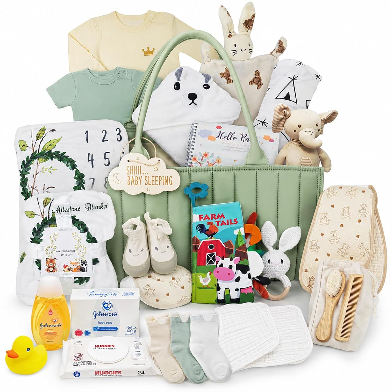 Baby Gift Basket for Newborn Boy or Girl (Green) Essentials Gift Set with Diaper Caddy Organizer, Milestone Blanket, Baby Clothes, Unisex, Animal Book, Nursery Keepsakes & New Parent Gifts