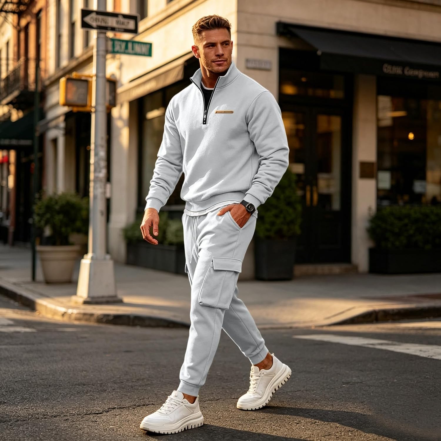 Fleece Men's Track Suits Stand Collar Pullover & Cargo Pockets Joggers Track Sets