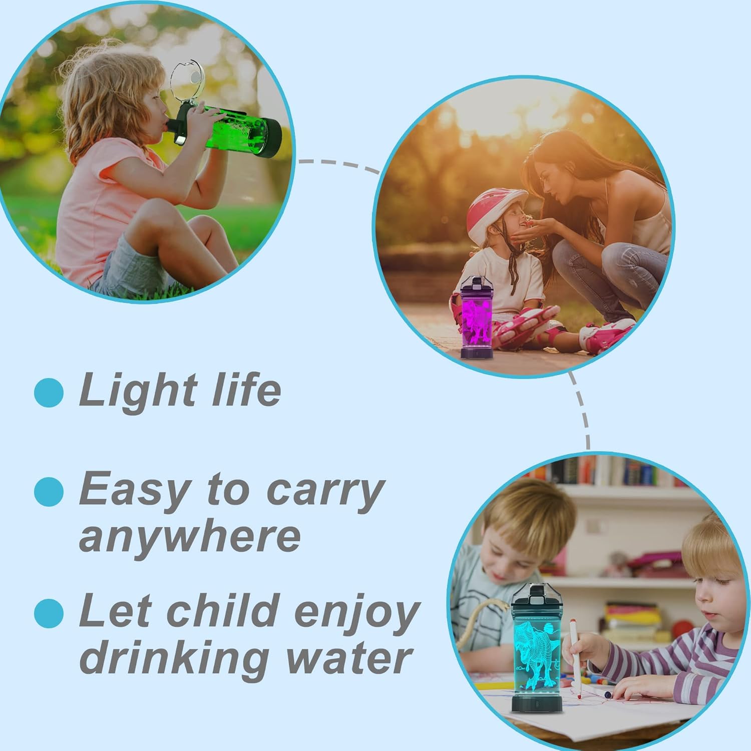 Anywin Boy Water Bottles for School, Cool Velociraptor Dinosaur Night Light for Room Decor, Tritan BPA Free Travel Cup for Back to School Girls Child Holiday Camping Picnic - 14 Oz