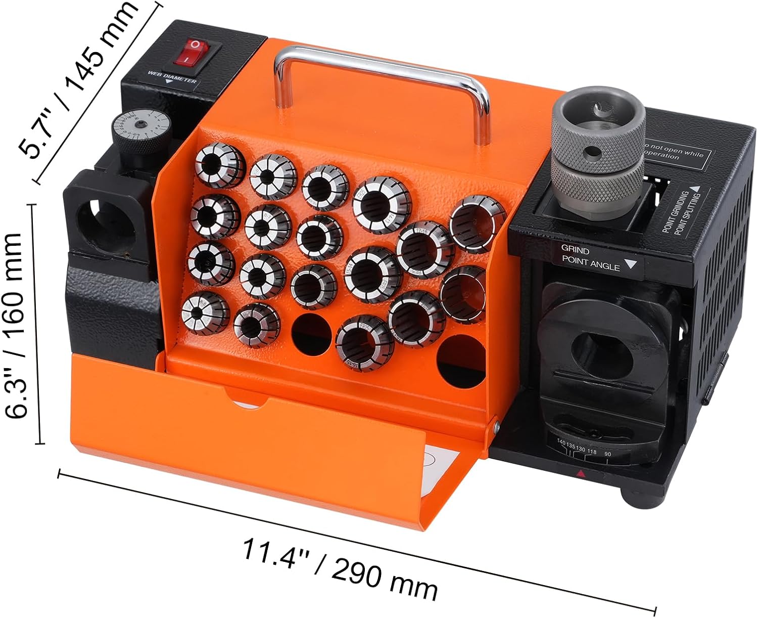 HappyBuy Drill Bits Sharpener, 3-20mm End Mill Grinder Sharpener, Lip Relief & 95° - 135° Point Angle Adjustable, Portable with 18 Collets, CBN & SDC Wheel