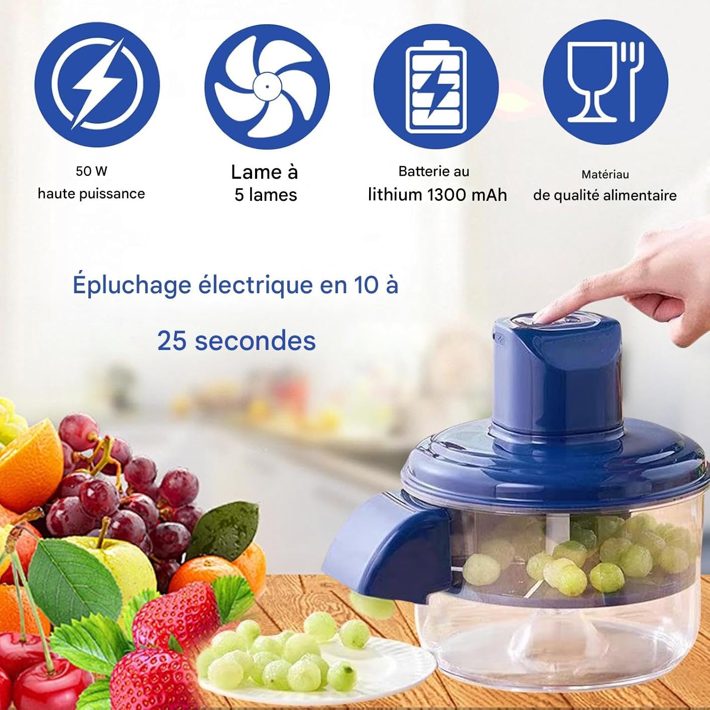 Eplucheur Electrique, Eplucheur Pomme De Terre Electrique, Automatique Sans Fil, Rechargeable USB, Rapide Et Facile À Nettoyer Pour Cuisine, Pour Pommes De Terre, Raisin, Ail, Tomates (bleu)