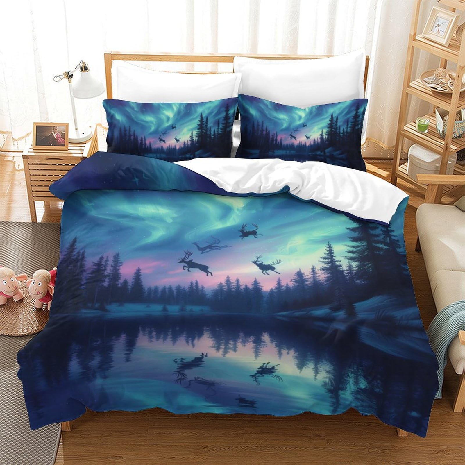Housse de couette 140x200 aurores boréales saine et hypoallergénique pour lit
