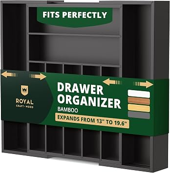 ROYAL CRAFT WOOD Luxury Bamboo Kitchen Drawer Organizer - Silverware Organizer - Utensil Holder and Cutlery Tray with Grooved Drawer Dividers for Flatware and Kitchen Utensils 9 Slot, Black