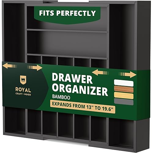 ROYAL CRAFT WOOD Luxury Bamboo Kitchen Drawer Organizer - Silverware Organizer - Utensil Holder and Cutlery Tray with Grooved Drawer Dividers for Flatware and Kitchen Utensils (9 Slot, Black)