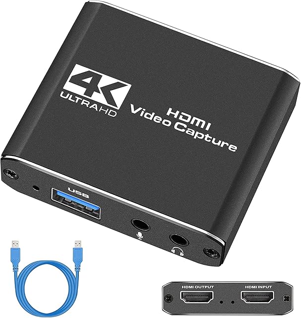 Capture Card, Video Capture Card with Microphone 4K HDMI Loop-Out, 1080p 60fps Video Recorder for Gaming/Live Streaming/Video Conference, Works for Nintendo Switch/PS4/Xbox One/OBS/Camera/PC