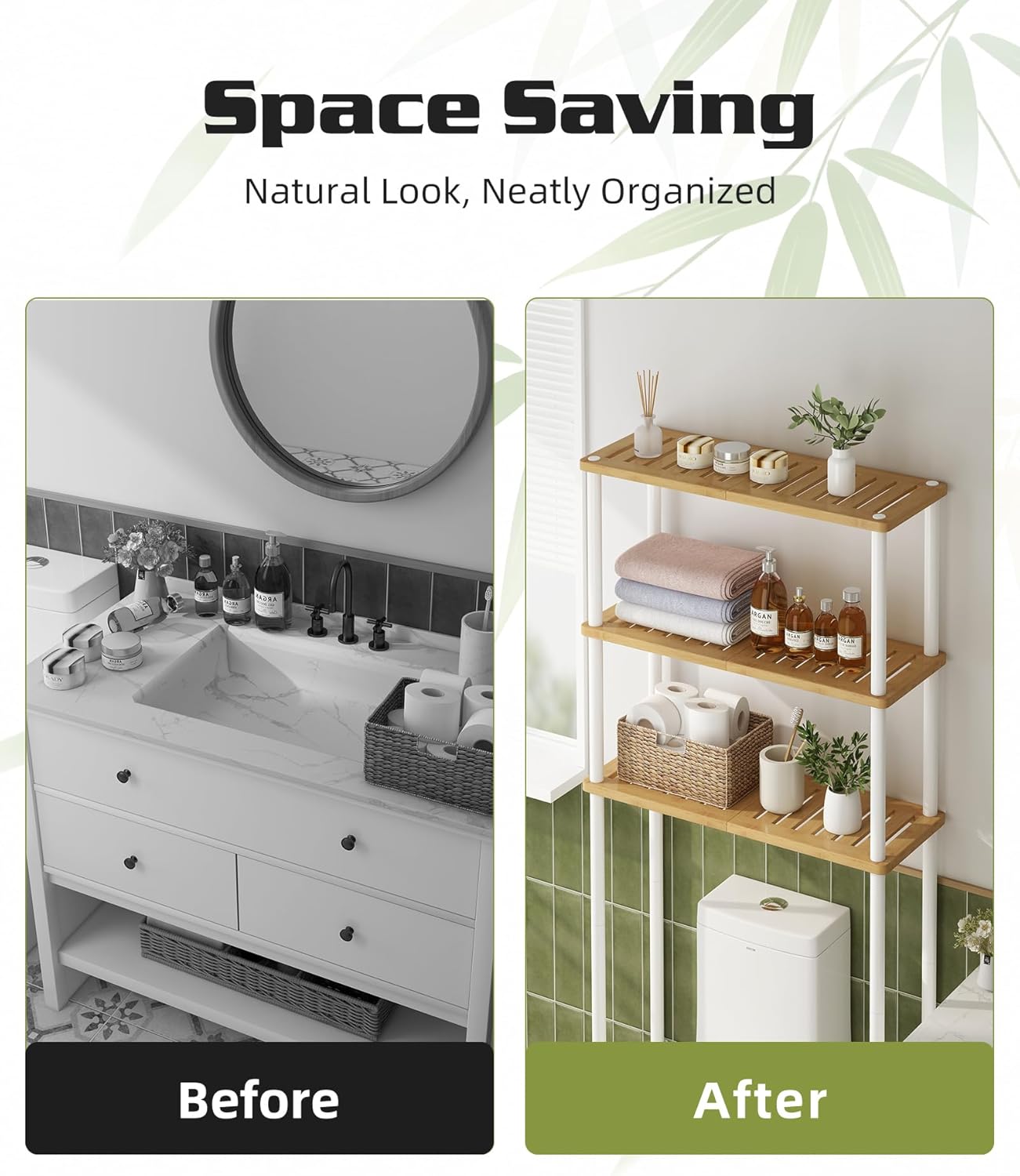 Over The Toilet Storage Shelf 3-Tier Bamboo Bathroom Organizer Rack Freestanding Space Saver Above Toilet Shelves for Small Bathroom, Laundry