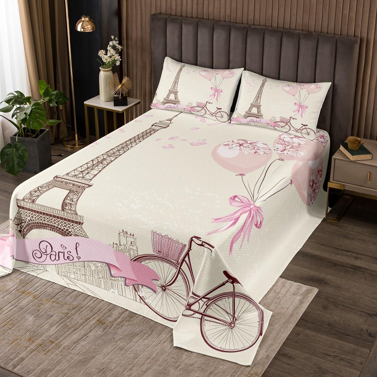 Erosebridal Eiffel Tower Bedding Set Paris Cityscape Coverlet Set King Size,Romantic Theme Decor for Adult Lady Couple Bedspread Dirt Bike Quilt Set,City Building of France Bedroom Decor Ivory Pink