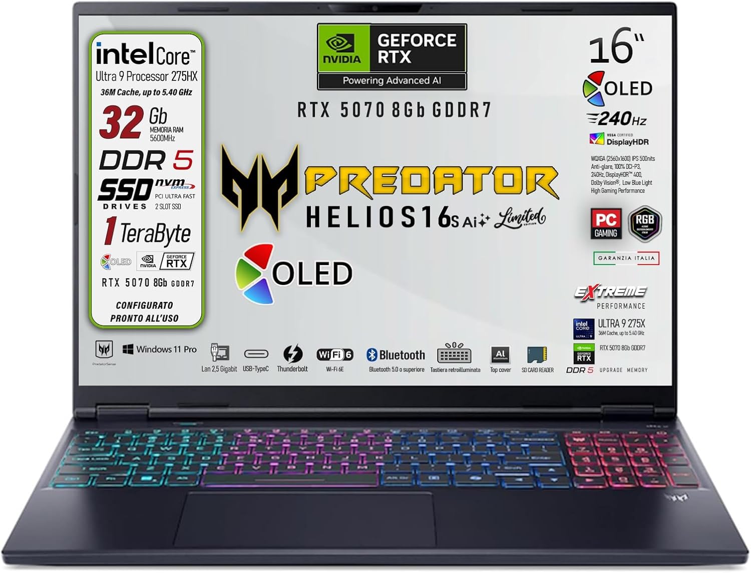 Predator Helios Neo 16s Ai, Notebook Gaming, Intel Ultra 9-275X, 24core, RAM DDR5 32Gb, SSD 1Tb, Display 16" Oled 240Hz, DCI-P3 al 100%, Geforce RTX 5070 8Gb, Win 11Pro, Preconfigurato