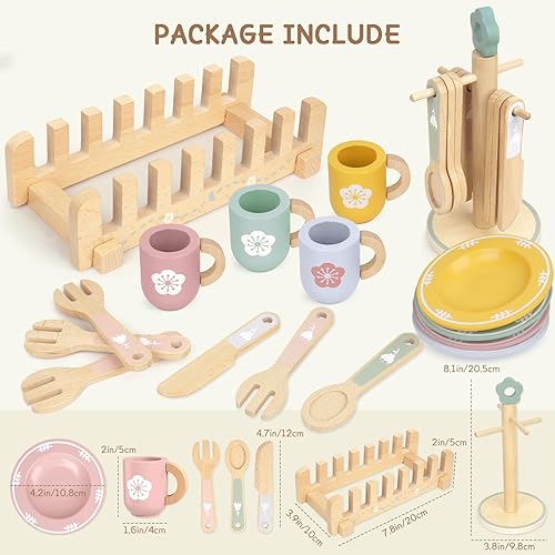 Miniatura 3 de Juego de cocina de 20 piezas con platos y platos de juguete de madera, juguetes de cocina Montessori para niñas y niños, accesorios de cocina de
