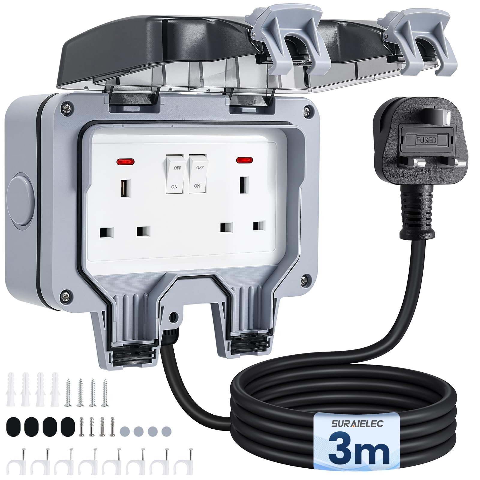 SURAIELEC Double Outdoor Socket with 3m Extension Lead, 13Amp 2 Gang Premium Weatherproof IP66 Outside Plug Sockets, Independent Switches & LED Indicator, Wall Electrical Outlet Cover Box for Garden