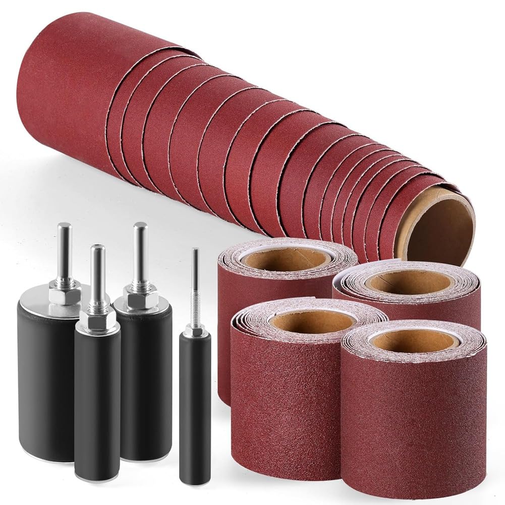 Schleiftrommel-Set mit Vier 3-Meter-Rollen Schleifpapier (80, 120, 240, 320) Trommelschleifer für Bohrmaschinen