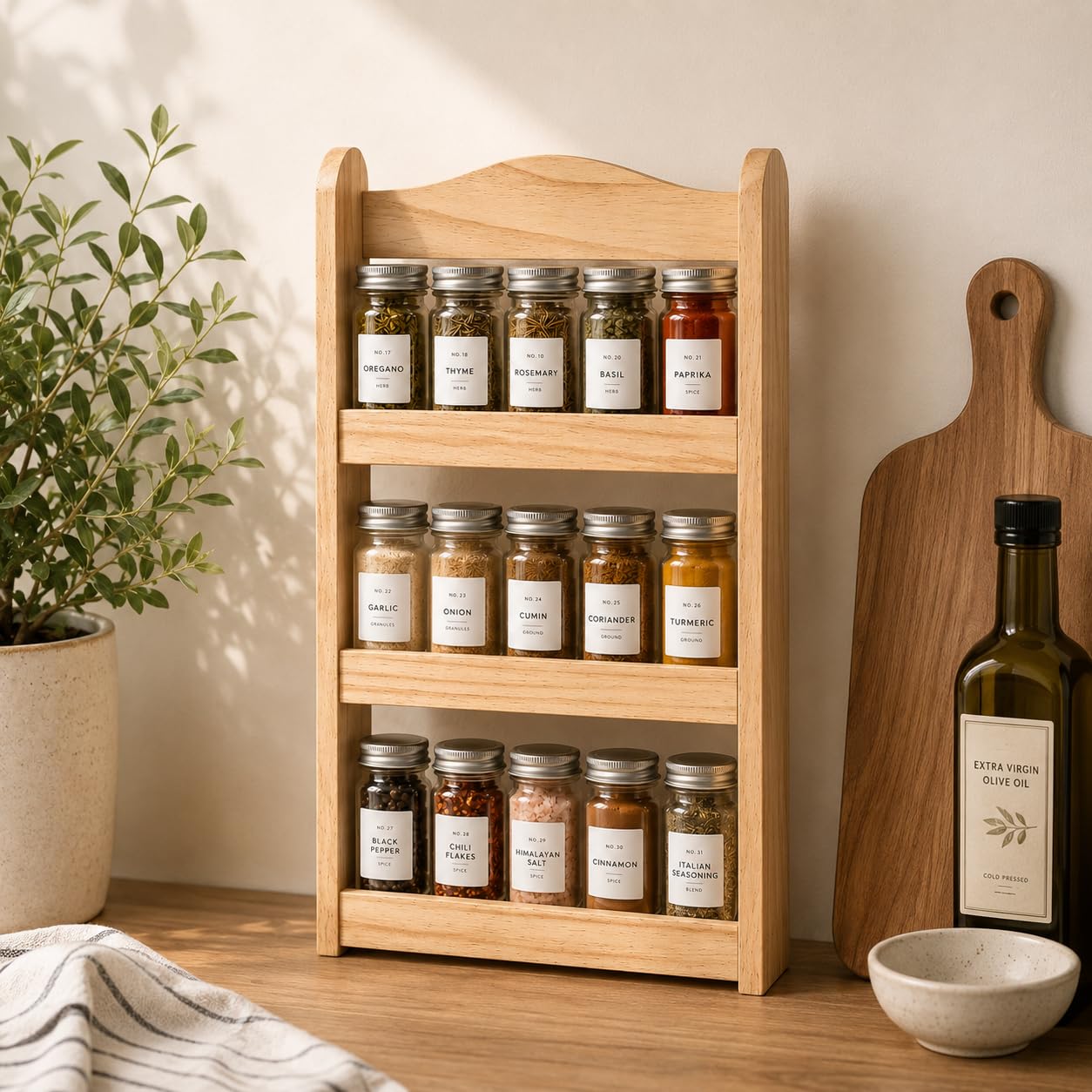 HomeZone Wooden Spice Rack 3 Tier Free Standing or Wall Mounted Spice Organiser Shelf Holds Up to 15 Spice Jars Kitchen Herb & Seasoning Rack, Pantry Storage Shelf, Countertop Organiser, Natural Wood