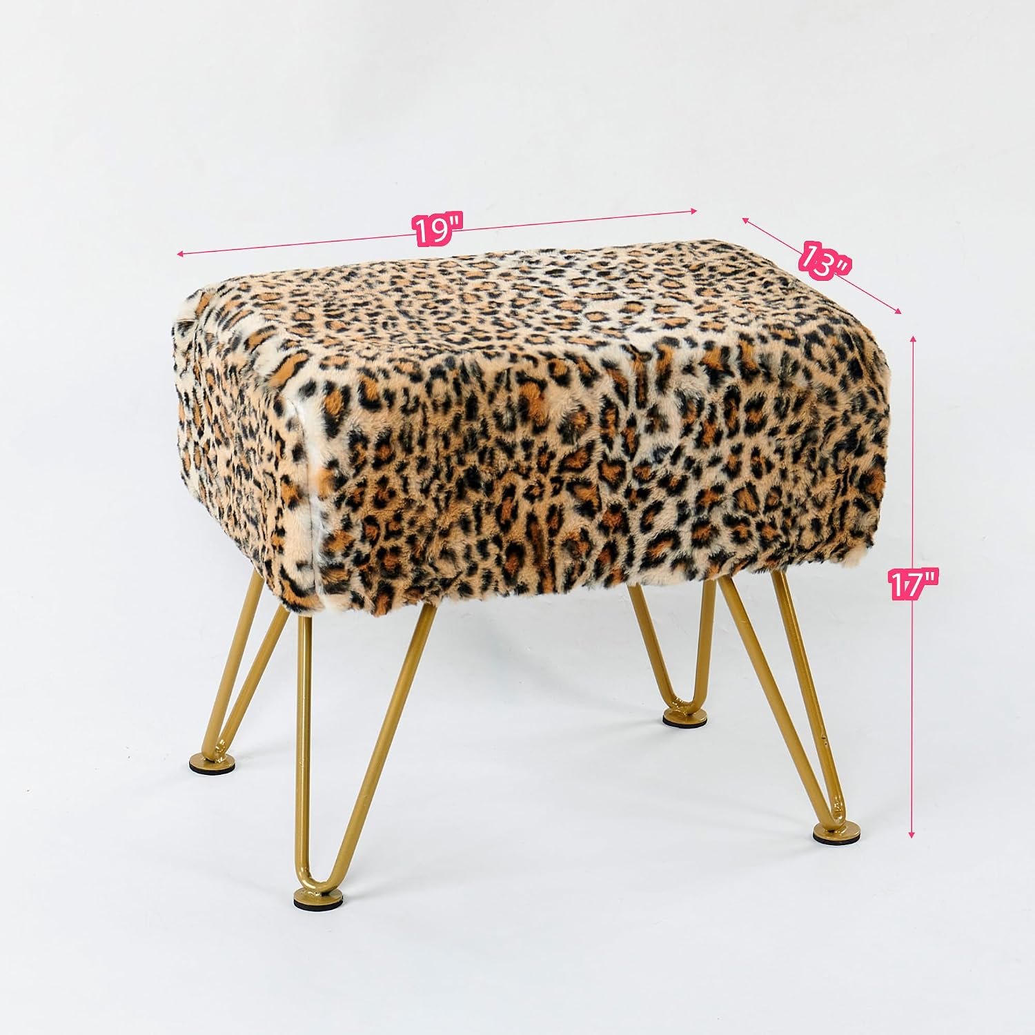 HESTIN 19"x13"x17" Leopard Print Ottoman - Rectangle Footstool Pouf for Living Room, Bed Footrest, Makeup Seat - Polyester Accent Stool with Gold Legs