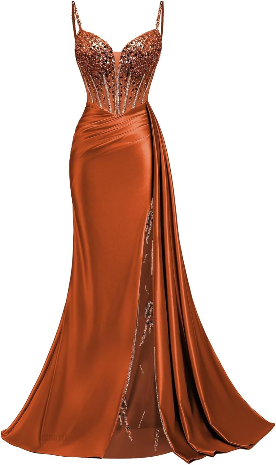 Mermaid Beaded Prom Dresses with Slit Spaghetti Strap V-Neck Sequin Evening Gown Lace Applique Satin Formal Dress